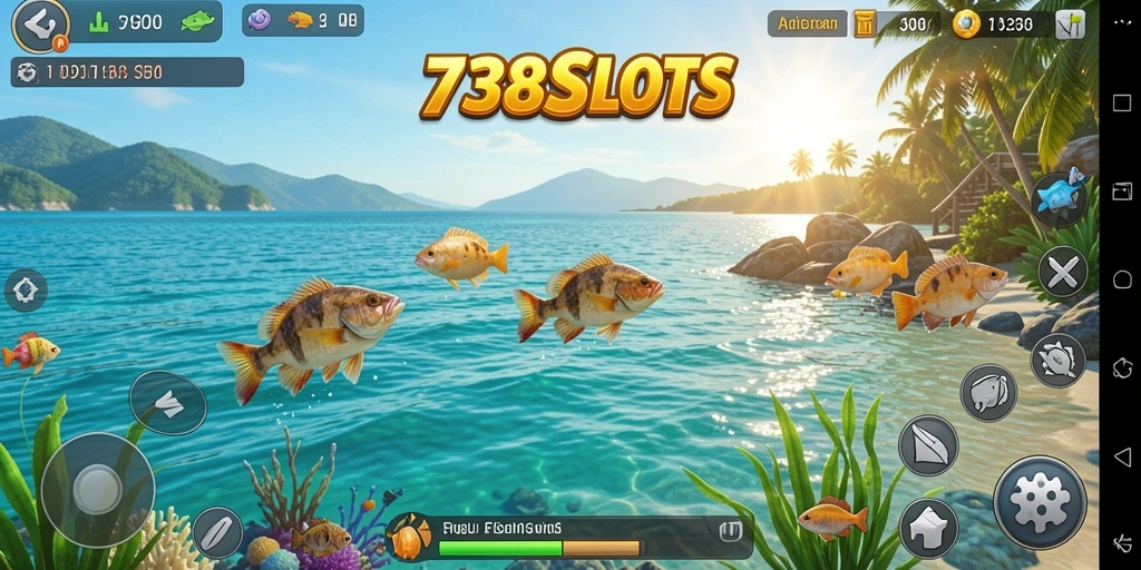 Tampilan gameplay 738SLOTS yang mendebarkan dan penuh warna saat memancing.