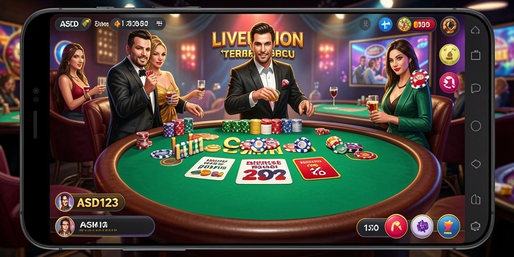 Screenshot gameplay Live Casino dengan dealer profesional yang menyapa pemain.