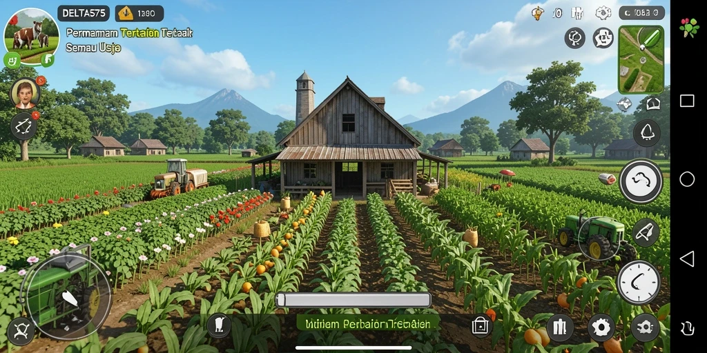 Tampilan gameplay DELTA575 dengan berbagai aktivitas pertanian yang menarik.