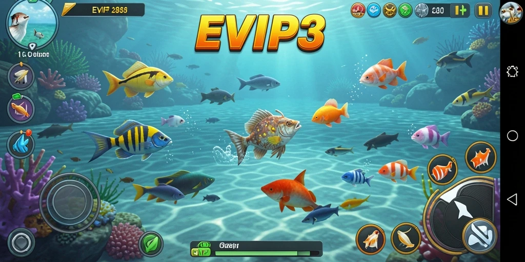 Tampilan gameplay seru dari EVIP3 saat menembak ikan.
