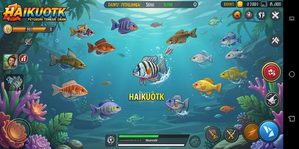 Screenshot layar permainan HAIKUOTK dalam aksi menembak ikan.