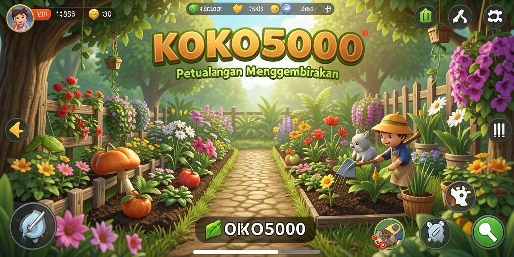 Screenshot gameplay KOKO5000 menampilkan kebun yang indah dan beragam aktivitas bertani.