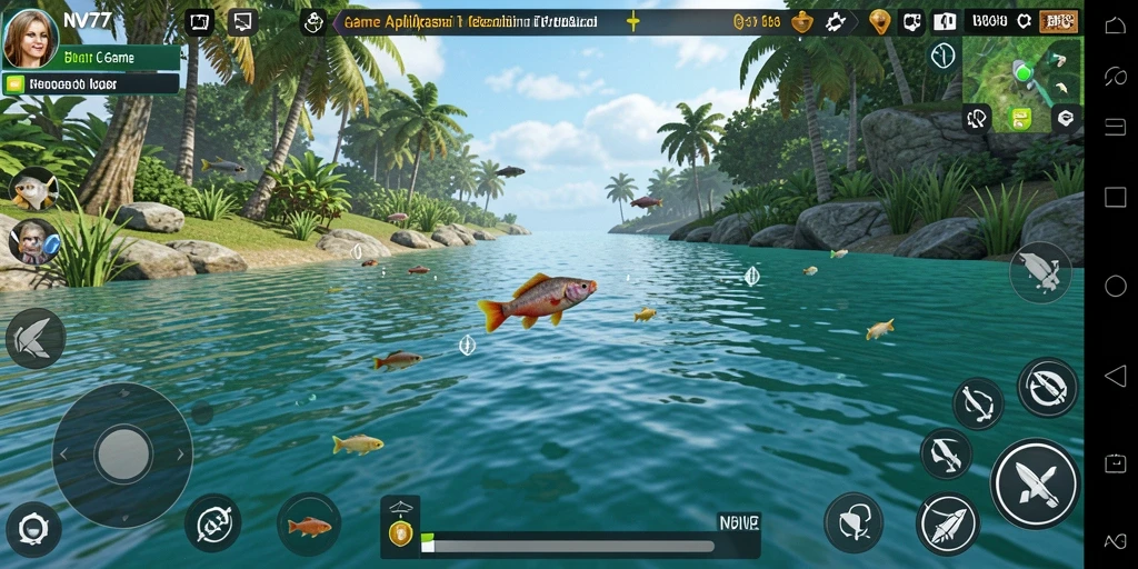 Screenshot gameplay NV77 yang menunjukkan aktivitas memancing yang seru.