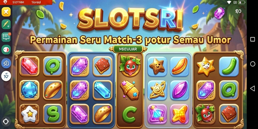 Tampilan gameplay SLOTSRI yang penuh warna dan menarik bagi pemain Match-3.