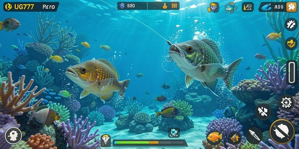 Tampilan gameplay UG777 dengan berbagai lokasi memancing yang indah.